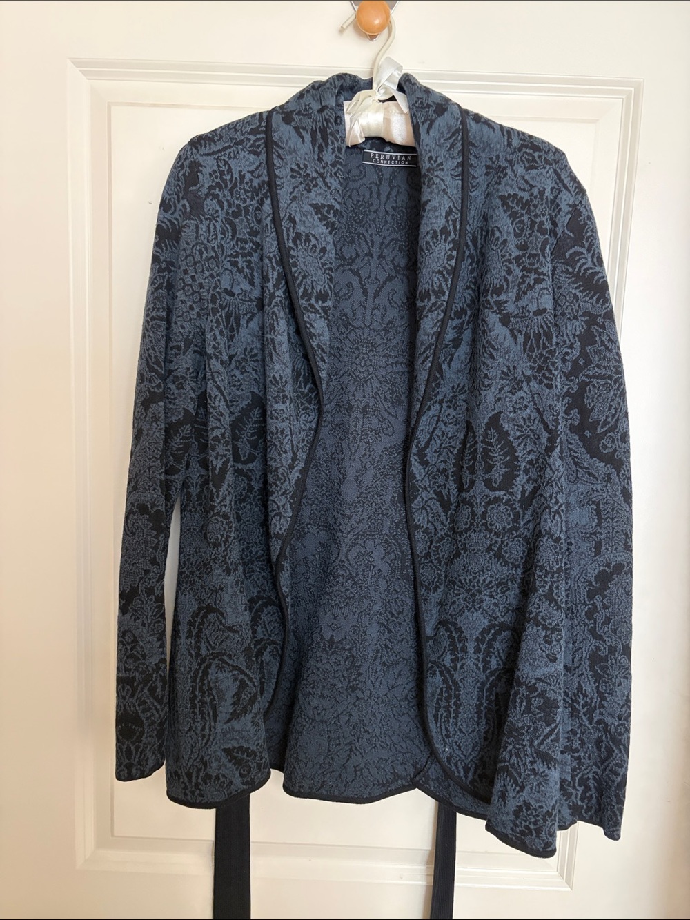 Peruvian Connection Blue and Black Floral Jacquard Open-Front Cardigan